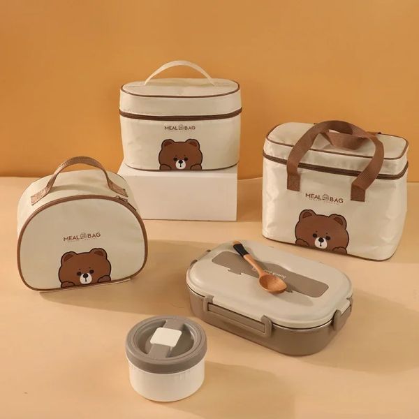 Bolsas de lancheira Bolsa de couro Urso Crianças de grande capacidade Pouch Bento para crianças Resfriador isolado térmico com utensílios de mesa Caixa de piquenique