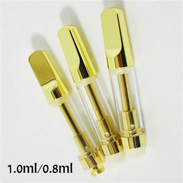 Vape-Patronen 1ml 0,8 ml Keramikspulen E-Zigarette leer für dicke Öl Metall Gold Flachschraube Spitze Keramikspule 510 Gewinde Atomizer Schaumverpackung