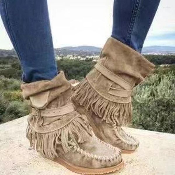 Stivali da donna caviglia da donna in cambio scarpe da camion tassel sola silp-on boho piatto cowboy corto