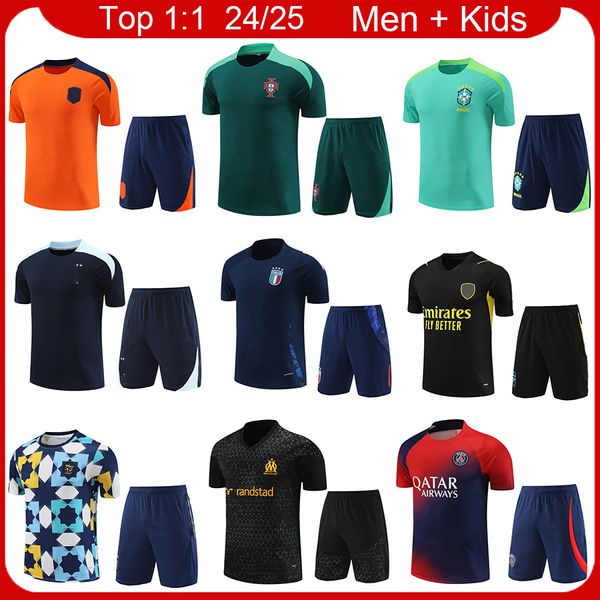 PSGES francesa Man Jersey pré-jogo 2024 Marselha Argélia Holanda Portugal Brasil Kids Football Kits 24 25 Italys Arsen Saka Argentina City Training Shirt Kit