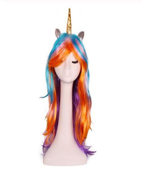 Rainbow Unicorn peruca colorida longa Custume Custume Cosplay Fake Hair Birthday Bachelorette Party Decoration Máscara FAVORAÇÃO GB13624523