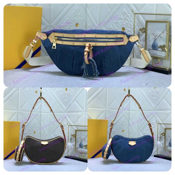 Üst Ayna Kalite Lady Moda Tasarımcı Kadınlar M46856 Omuz Crossbody Bags Klasikler Vintage Deri Alt Alt Altal Yarım Ay Çantası Denim Kumaş Yuvarlak Zipper Çantalar