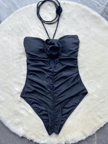 Kadın Mayo Seksi 3d Çiçek Siyah Halter Mayo Tek Parça Kırışmış Bodysuit Bikinis Yüksek Bel Tangalı Mayo Biquini