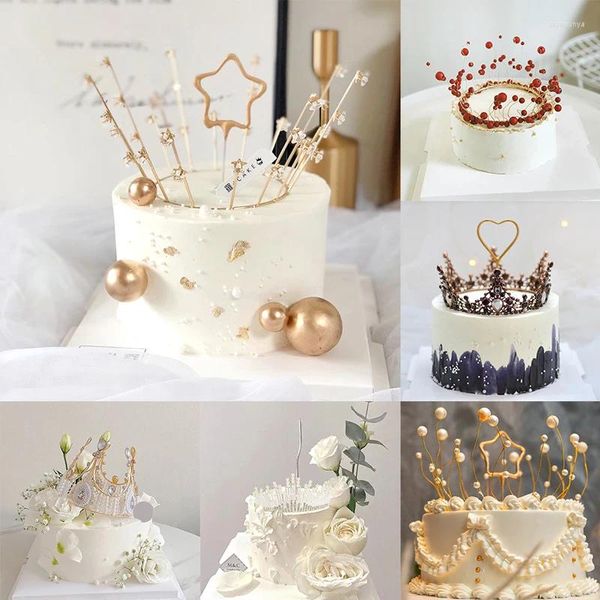 Forniture per feste Metal Crown Cake Topper Princess Artificial perla per perle da sposa Decorazioni dessert bandiere per la doccia per bambini toppers di compleanno