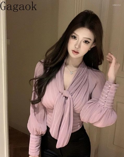 Frauenblusen Gagaok Pink Purple Schnürung mit langem Ärmeln V-Ausschnitt Hemd Frauen Herbst Winter Französischer Stil sanftes Top Slim Fit Tops