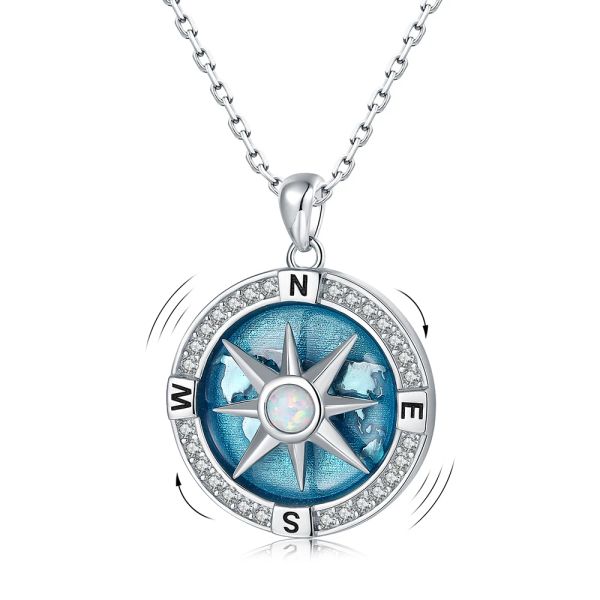 Halsketten 925 Sterling Silber Navy Travelmap Rotatable Compass Halskette Inspirierende Nautische Traum Opal Anhänger Schmuck Geschenke für Frauen