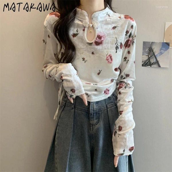 Frauen T -Shirts Matakawa Print Blumenhemd für Frauen chinesischer Stil Vintage Elegant Frühling Herbst Ropa de Mujer Fashion Drawess kurz