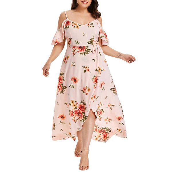 Grande Tamanho 2024 Vestido de verão para mulheres mais férias de praia Sexy Camisole Floral Scury de grandes dimensões Bohemian Casual Mini DressE 240411