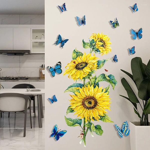 Duvar Çıkartmaları PVC Yatak Odası Anaokulu Sticker Kendinden Yapışkan Ev Dekoru Su Geçirmez Ayçiçeği 3D Kelebekler Mutfak Kreş Banyo