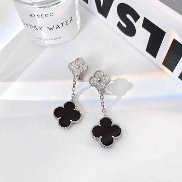 Designer Charm 925 Sterling Silver Van Double Flower Clover Orecchini placcati con oro bianco da 18k in oro pieno di diamante nero agata Lucky Gracky Edition