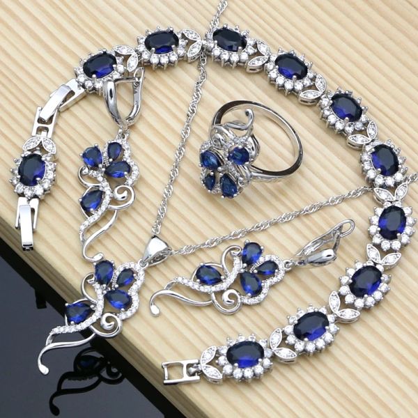 Stränge Silber 925 Braut Schmuckset Blau Zirkon weiß Kristall Kostüm für Frauen Steine Blätter Zweig Ohrring Ring Armband Halskette Set Set