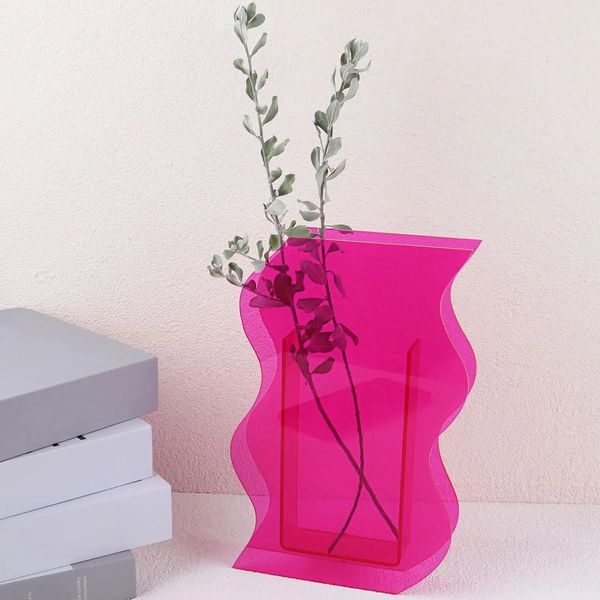 Acrylblüte Vase für ästhetische Raumdekoration unregelmäßige kurvige Wellenplastik -Dekorative Vase für Schlafzimmer Wohnzimmertisch - Pink 240415