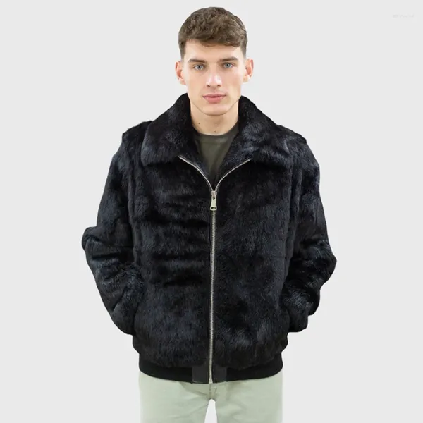 Jackets masculinos Real Rex Fur Coat Black com turning colar jaqueta natural zíper de estilo curto natural