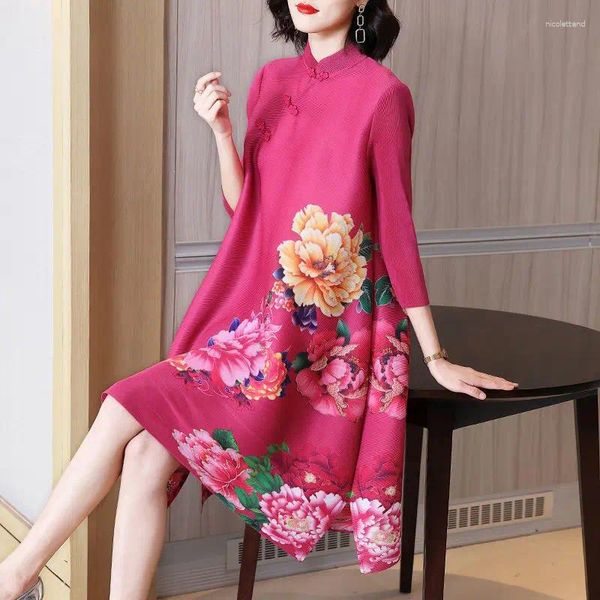 Vestidos casuais estilo chinês estampa floral miyake vestido plissado primavera e verão de alta qualidade retro choongsam solto solto