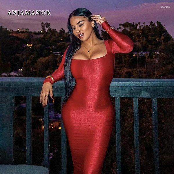 Abiti casual Anjamanor Square Neck Low Cut BodyCon Long For Women Red Party Abitaggio sexy Clubwear Outfit di compleanno D85-BD25