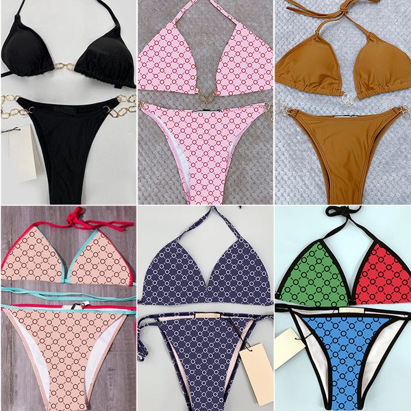 Moda tasarımcı kızlar zincir bikini seti sıcak klasik mektuplar mayo kadınları dantel up mayo bayan seksi bandaj mayo gündelik push yukarı bodysuit tangs üst sütyen