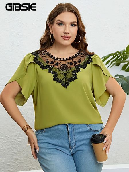 Gibsie Plus size Solid Tie Back Contrast Lace Oneck Bloughe 2023 Summer Short Short Elegant Scole Tops 240419