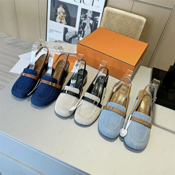 Il più nuovo denim di alta qualità in denim blu bassa tacco grosso dono pompapini pantofole Slingback quadrate Slingbacks Brand Designer Luxury Ladies Cash Back Strap Sandals estivo