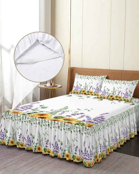 Saia de cama flor selvagem eucalipto planta de girassol lavanda colaborada com travesseiros colchão capa de colchão folha de cama