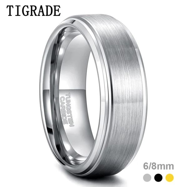 Bandas Tigradas de 6/8 mm de tungstênio anel de carboneto Men prateado/preto/dourado cor de casamento escovado anéis de noivado masculino para mulheres baguete