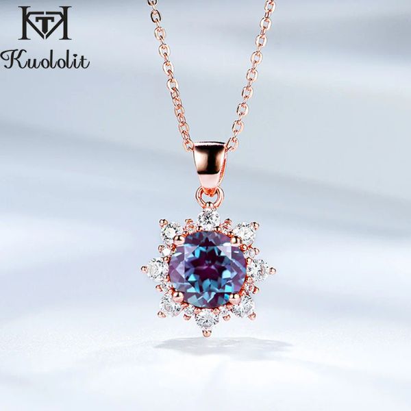 Halsketten Kuololit 585 Roségold 2CT Natural Alexandrite Edelstein Anhänger für Frauen Festes 925 Sterling Silber Lab