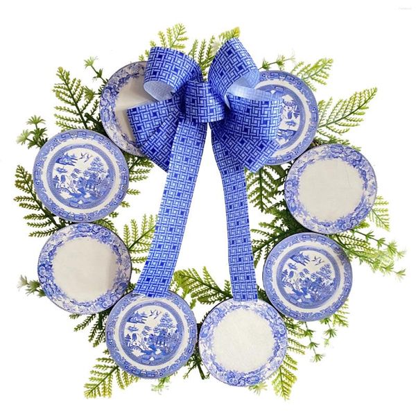Fiori decorativi in legno placca blu e bianca in porcellana ghirlanda esterno decorazioni per feste di benvenuto cartello porta d'ingresso ghirlanda