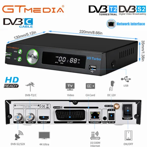 Ricevitori GTMedia H.265 HD Digital Terrestriale Satellite Ricevitore DVBT2 DVBS2+C V8 DECODER SCART TV Tuner TV BUIDIN RJ45 Network