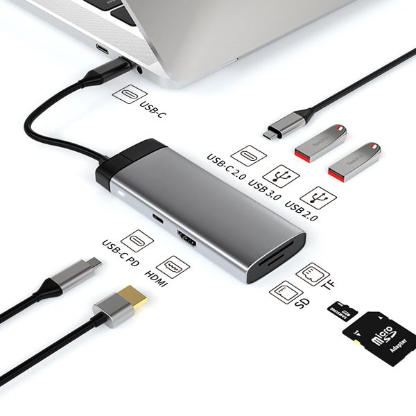 Hubs 7 in 1 Hub Typ C Dockingstation in USB3.0 USB2.0 Hub Multiple Monitor Adapter PD 100W HDMI 4K USBC2.0 für MacBook Lenovo