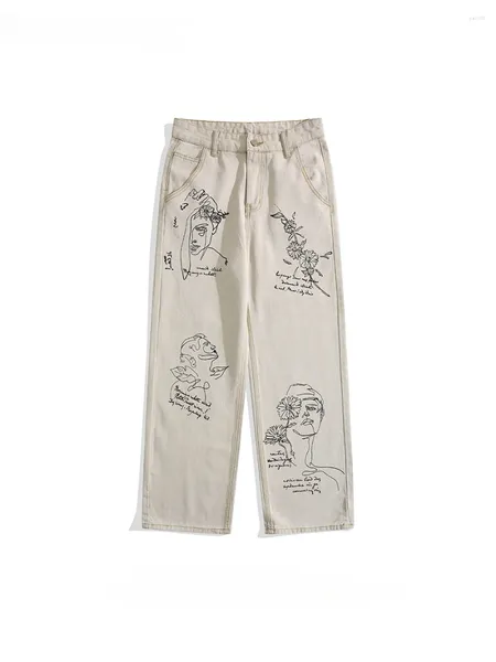 Jeans masculinos Marca da moda graffiti impresso Japonês Creativo Retro Retro Bonito Hip Hop Pontas de jeans casuais retas de perna larga