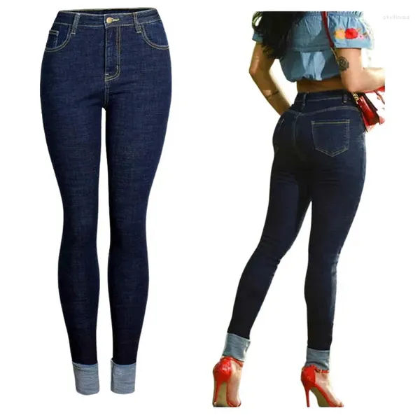 Jeans femininos Cantura alta Slim Fit Fit calças jeans escuras Lavagem escura