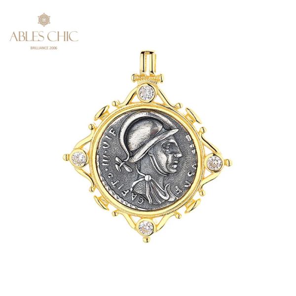 PENDANTI MARS God Of WAR Monete d'argento greco Charm Cz Accent 18K Gold Two Tone Solid 925 Silver Roman Coin Pendant Solo N1028