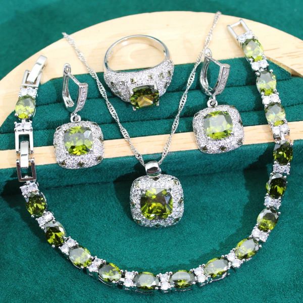 Strands Dubai 4Color Wedding Silver 925 Set di gioielli Set Women Olive Green Zircon Orecchini a pendente Ringi del bracciale Regalo di compleanno