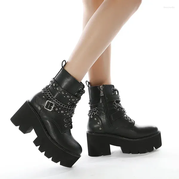 Stiefel Frau Herbst Nietkette Wmens Damen Schwarze Knöchelplattform klobige Absatz Punk Goth Schuhe weiblich Motorrad schön