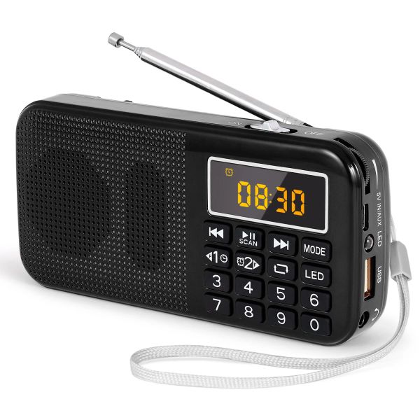 Radio Prunus J725 Radio FM Tragbare Radios Digital Radio wiederaufladbar Radio USB/SD/TF/Aux Player Taschenlampen -Wecker LED -Anzeige
