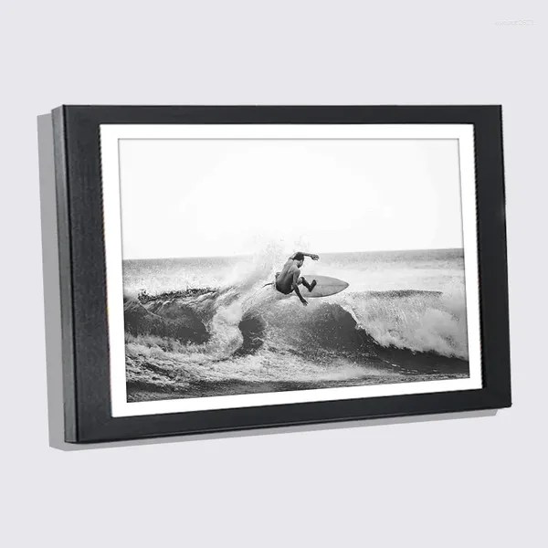 Bolsas de madeira preta de parede de madeira PO Frame 9x13 13x18 A3 com Poster Branco Poster Surfer Man Pintura de lona de lona de praia de coco de coco