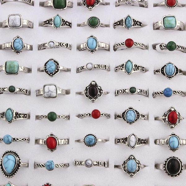 Anelli a grappolo 10pcs in stile boemia miscelato tono argento in pietra rossa naturale tono in argento tibetano dimensione 16 17 18 gioielli per le dita per donne uomini