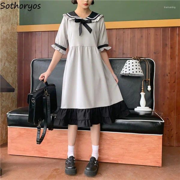 Lässige Kleiderkleid Frauen Sailor Kragen Patchwork Belt Kawaii JK Preppy Studenten kurzärmelig Bow Sweet Empire Slender A-Line