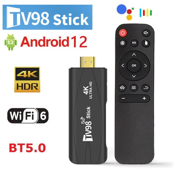 Stick TV98 Mini TV Stick Android 12 Suporte 8K Vídeo 4K WiFi 6 3d TV Box 2.4g5g Body Sentir Sentir Set Top Box 2GB 16GB