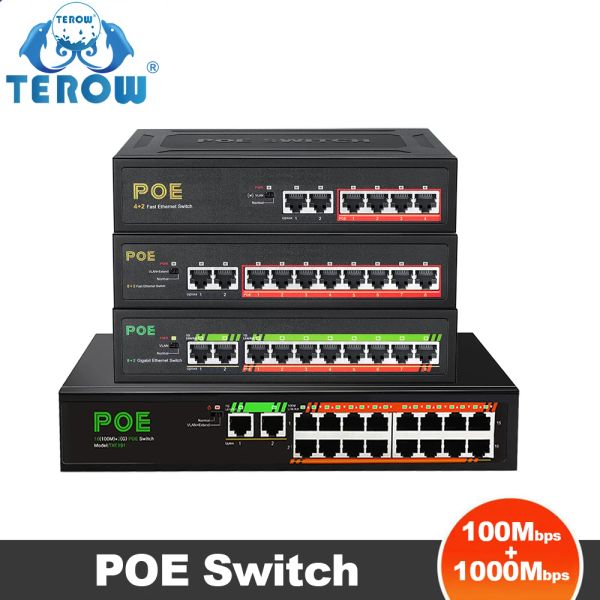 Controle Terow 6/10/18 Portas Poe Switch 100/1000 Mbps Gigabit Network Ethernet Smart Switch 52V para roteador Wi -Fi/câmera IP/AP sem fio AP