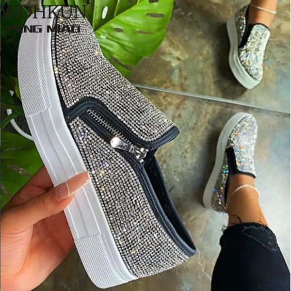 Piattaforma di sneaker da donna Donne vulcanizzate bling cristallo moca