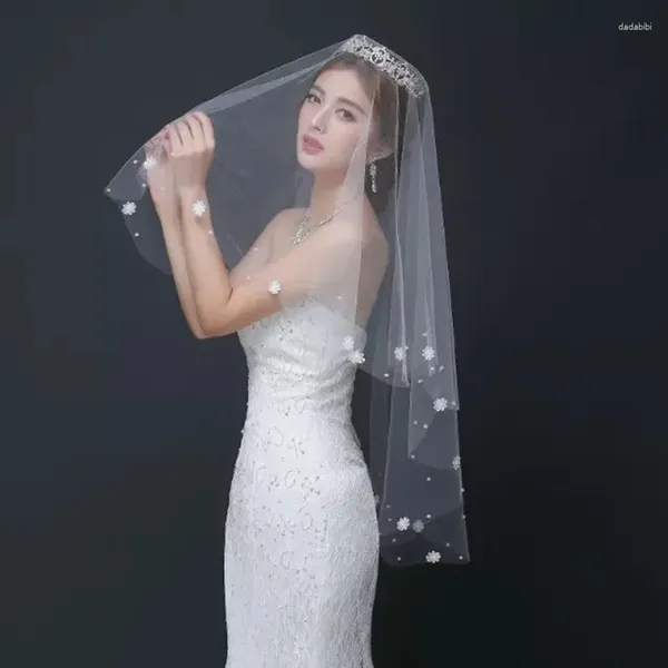 Velo da sposa abito da sposa velo in stile coreano in stile coreano fatto fiore di perline appiccicoso 1,5 m semplice morbido