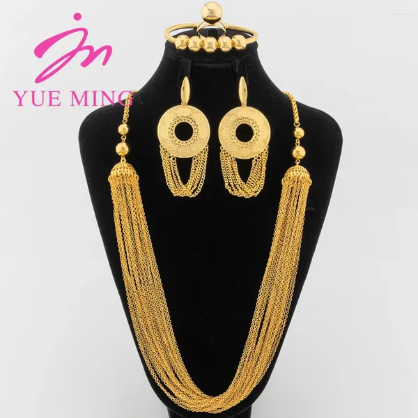 Halskette Ohrringe Set ym Luxus Dubai Gold Farbe mit Quasten 80cm Langkettenmanschettenknochen Ringschmuck für Frauen Geschenke