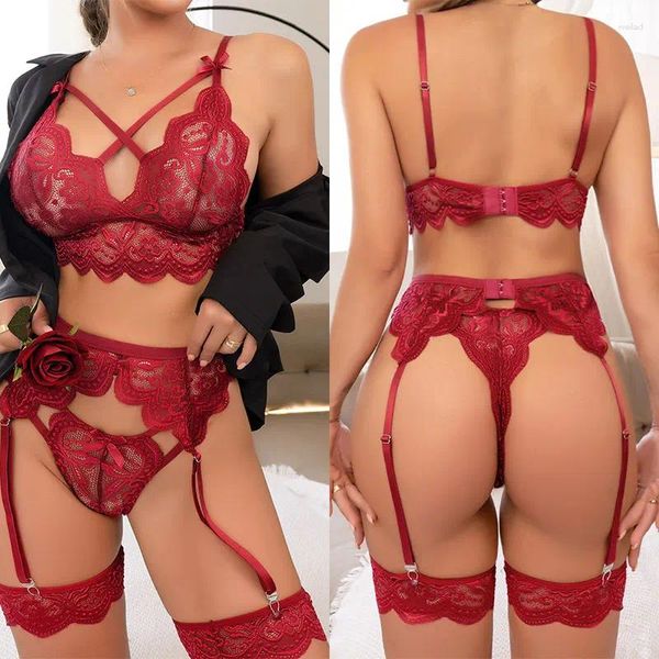 Bras Set See Through Hollow Out for Women Transparent Lingerie Women's Witness Set a tre pezzi Sexy costumi sexy