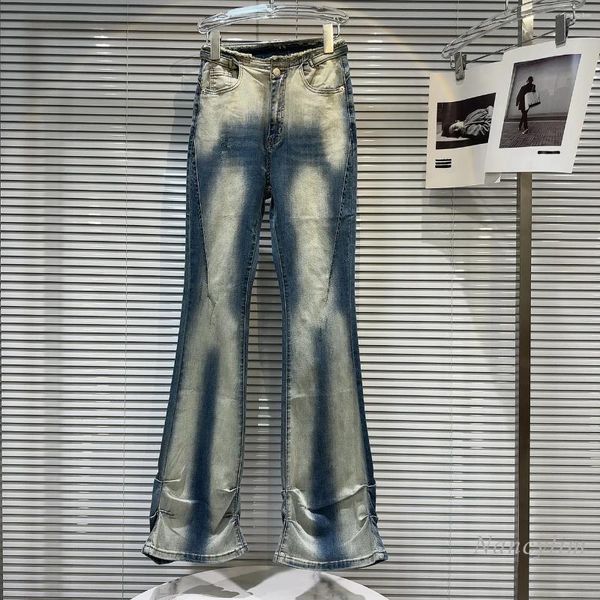 Frauen Jeans 2024 Sommer ausfransen Taille weißer Gefüge Falten-Tie-trocken Denim Pants Street Fashion Skinny Flare