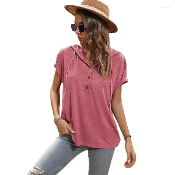 Camisetas femininas Mulheres de três botões Camiseta com capuz de capuz de verão de manga curta cor de cor sólida fêmea de fêmea confortável e casual viajante casual