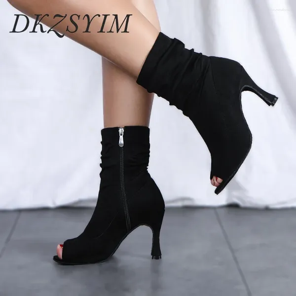 Sapatos de dança Dkzsyim Jazz Boots Women Elastic Fabric Danking Big Size High Heels Competition Black Latina Indoor Standard