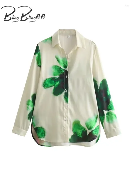 Kadınlar bluzları blingblingee 2024 Yaz baskılı kadınlar gevşek gömlek v boyun uzun kolu ince saten bluz dişi yüksek alçak üst y2k caddesi