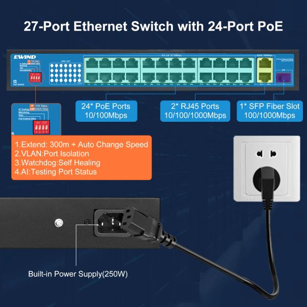 Controllo AI 27 Porte Poe Switch Ethernet Poe Gigabit RJ45 UPLINK SFP 1000MBPS Network Vlan Hub Smart Ethernet Switcher 300W per fotocamera IP