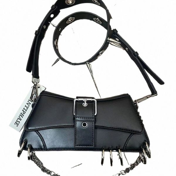 Y2K Vintage Gothic Cool Underarm Tote Sate Mag Bearket Spike Chain One Plound Simbag Кожаный рок -девушки Crossbody Bags B9S9#