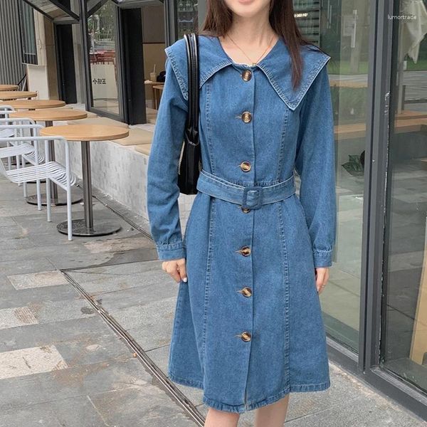 Günlük elbiseler kadın bebek boyun uzun kollu vintage mavi denim elbise bahar sonbahar şık moda kadın tek göğüslü diz uzunluğu etek